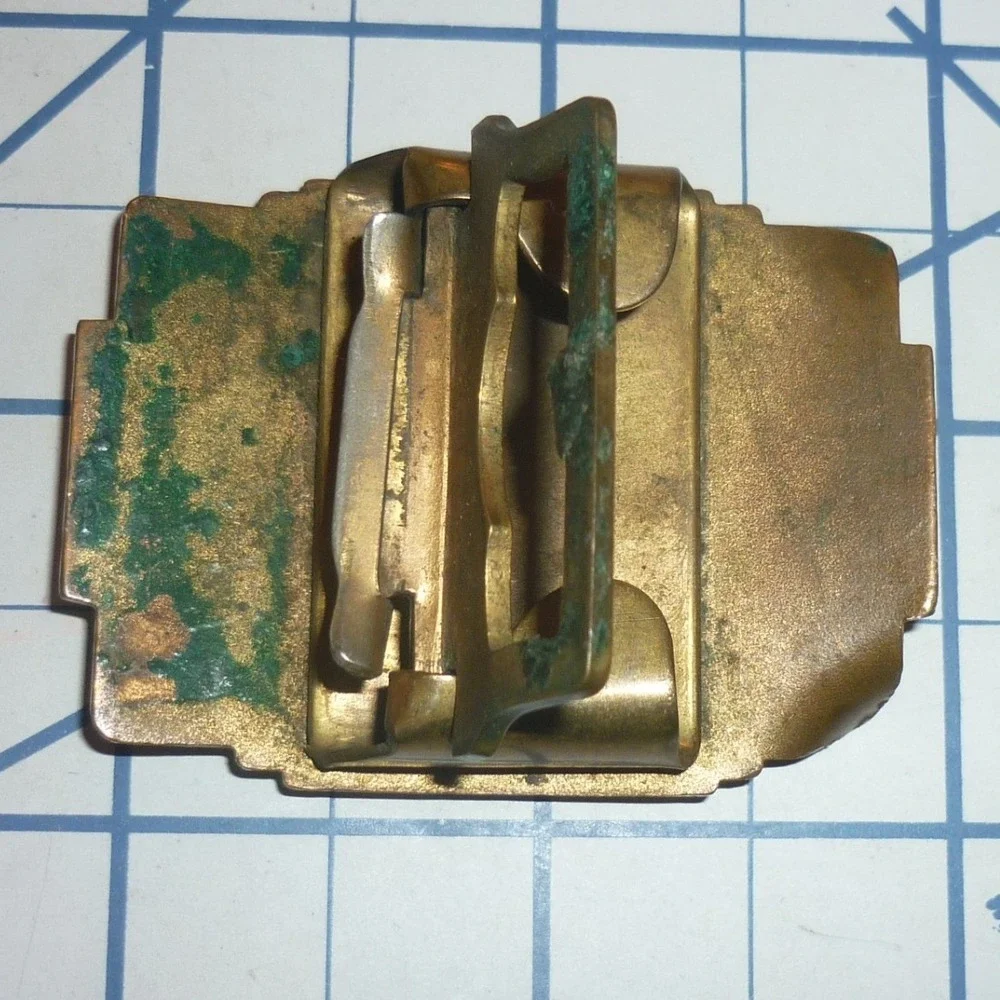 Antique 1920s Art Deco Brass Belt Buckle Giant Grip High School Letter L Enamel